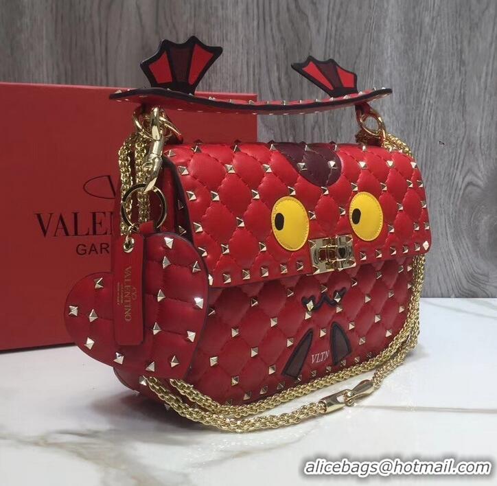 Luxury Classic Valentino Printed Medium Rockstud Spike Chain Bag 01190 Red 2019