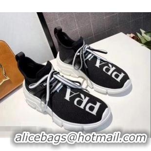 Buy Inexpensive Prada Knit Sneakers PA8021 Black With Intarsia Logo