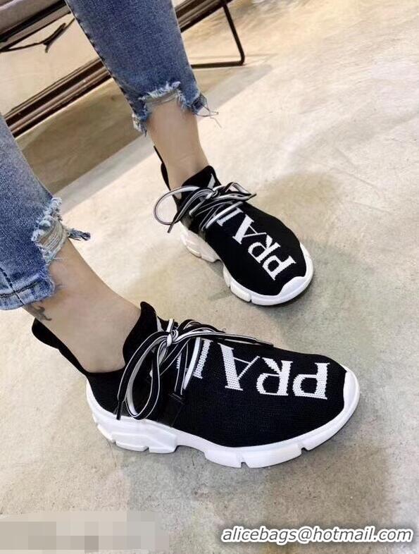 Buy Inexpensive Prada Knit Sneakers PA8021 Black With Intarsia Logo