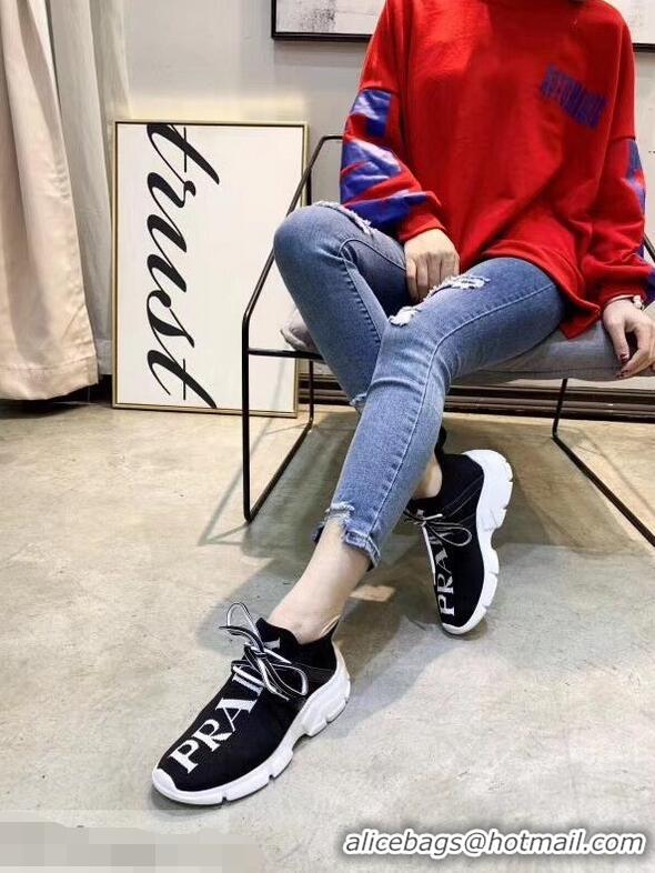 Buy Inexpensive Prada Knit Sneakers PA8021 Black With Intarsia Logo