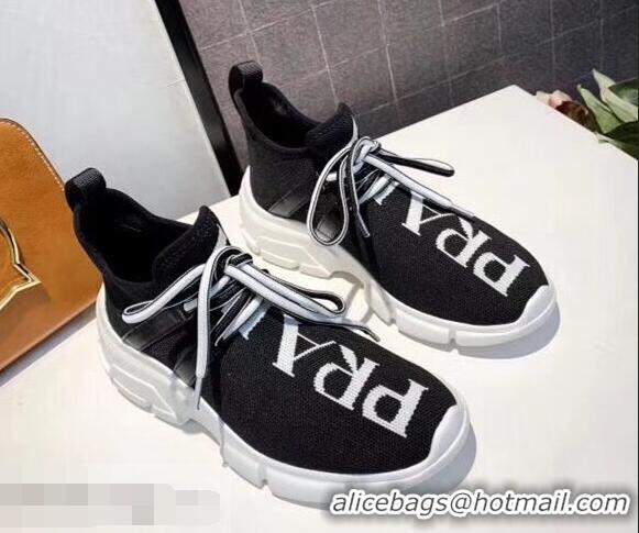 Buy Inexpensive Prada Knit Sneakers PA8021 Black With Intarsia Logo