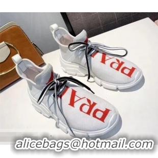 Design Discount Prada Knit Sneakers PA8021 White With Intarsia Logo