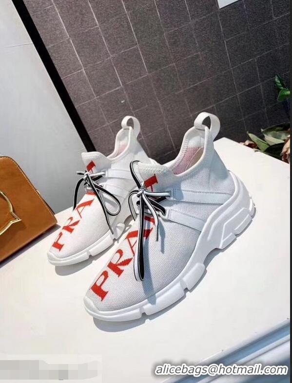 Design Discount Prada Knit Sneakers PA8021 White With Intarsia Logo