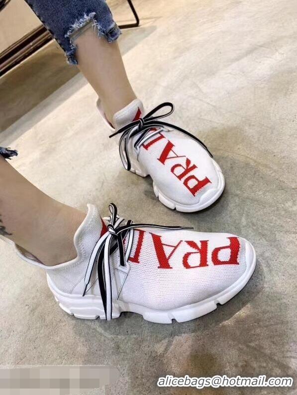 Design Discount Prada Knit Sneakers PA8021 White With Intarsia Logo