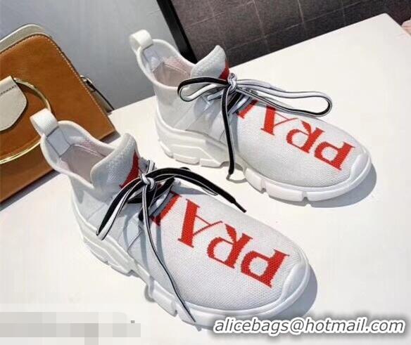 Design Discount Prada Knit Sneakers PA8021 White With Intarsia Logo