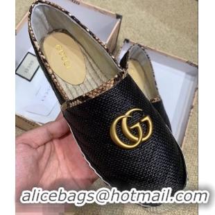 Imitation Gucci Chevron Raffia Espadrilles With Double G 577374/578547 Black 2019