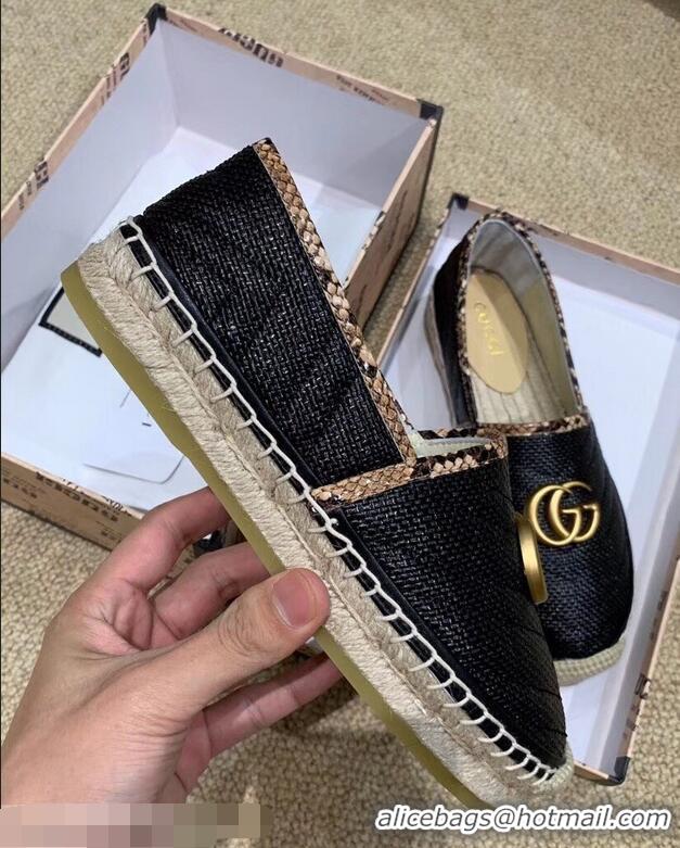 Imitation Gucci Chevron Raffia Espadrilles With Double G 577374/578547 Black 2019