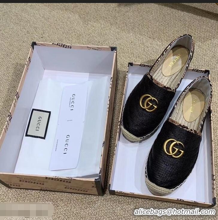 Imitation Gucci Chevron Raffia Espadrilles With Double G 577374/578547 Black 2019