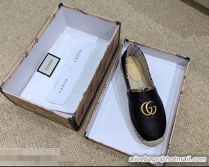 Imitation Gucci Chevron Raffia Espadrilles With Double G 577374/578547 Black 2019