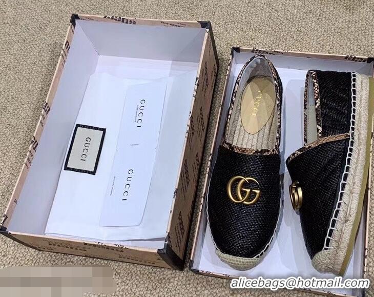 Imitation Gucci Chevron Raffia Espadrilles With Double G 577374/578547 Black 2019