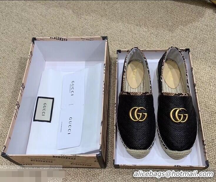 Imitation Gucci Chevron Raffia Espadrilles With Double G 577374/578547 Black 2019