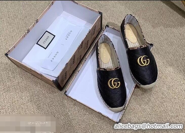 Imitation Gucci Chevron Raffia Espadrilles With Double G 577374/578547 Black 2019