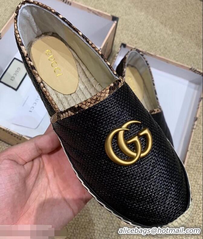 Imitation Gucci Chevron Raffia Espadrilles With Double G 577374/578547 Black 2019