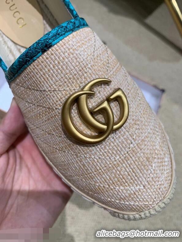 Top Grade Gucci Chevron Raffia Espadrilles With Double G 577374/578547 Nude/Turquoise 2019