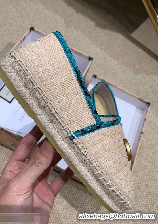 Top Grade Gucci Chevron Raffia Espadrilles With Double G 577374/578547 Nude/Turquoise 2019