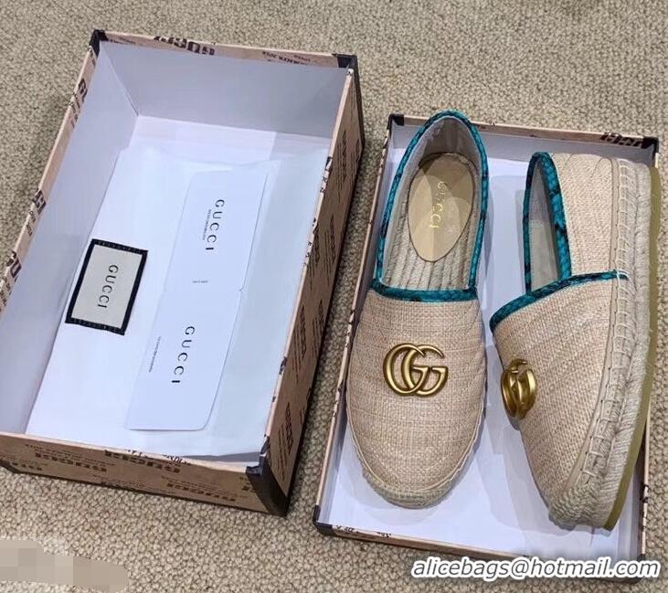 Top Grade Gucci Chevron Raffia Espadrilles With Double G 577374/578547 Nude/Turquoise 2019