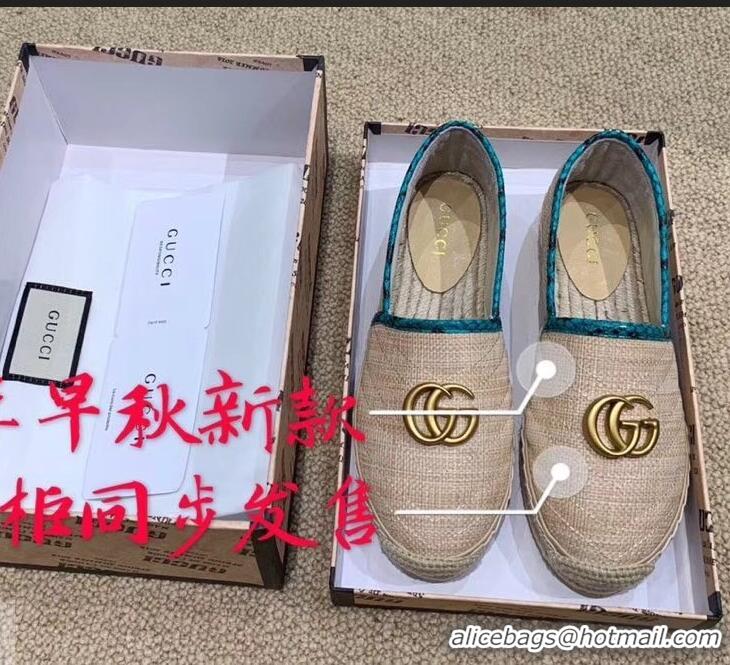 Top Grade Gucci Chevron Raffia Espadrilles With Double G 577374/578547 Nude/Turquoise 2019