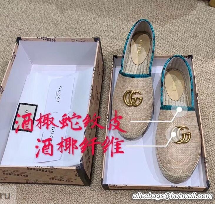 Top Grade Gucci Chevron Raffia Espadrilles With Double G 577374/578547 Nude/Turquoise 2019