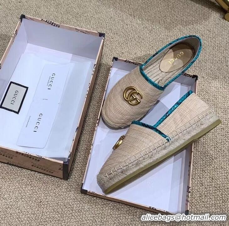 Top Grade Gucci Chevron Raffia Espadrilles With Double G 577374/578547 Nude/Turquoise 2019