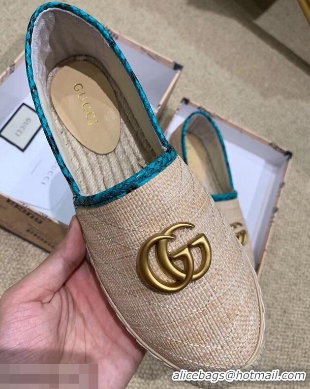 Top Grade Gucci Chevron Raffia Espadrilles With Double G 577374/578547 Nude/Turquoise 2019