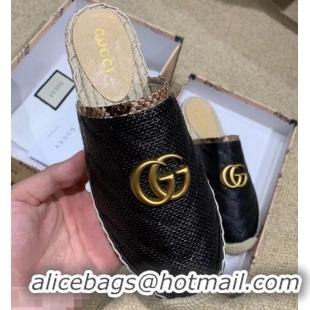 Durable Faux Gucci Chevron Raffia Espadrilles Slippers With Double G 952007 Black 2019