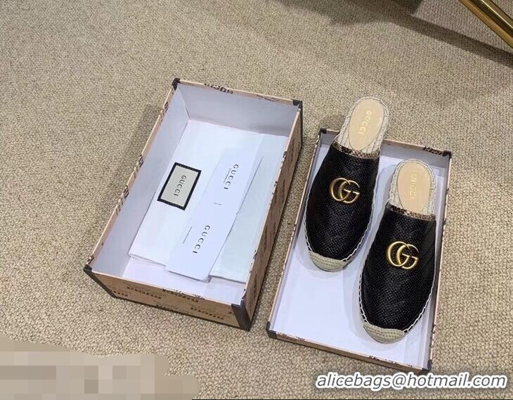 Durable Faux Gucci Chevron Raffia Espadrilles Slippers With Double G 952007 Black 2019