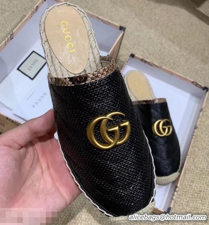 Durable Faux Gucci Chevron Raffia Espadrilles Slippers With Double G 952007 Black 2019