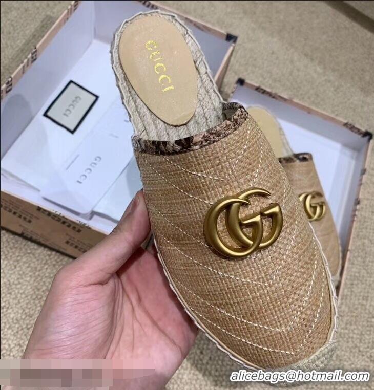 Lowest Price Gucci Chevron Raffia Espadrilles Slippers With Double G 952007 Beige ​2019