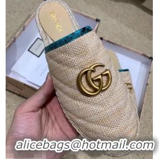 Buy Gucci Chevron Raffia Espadrilles Slippers With Double G 952007 Nude/Turquoise ​2019