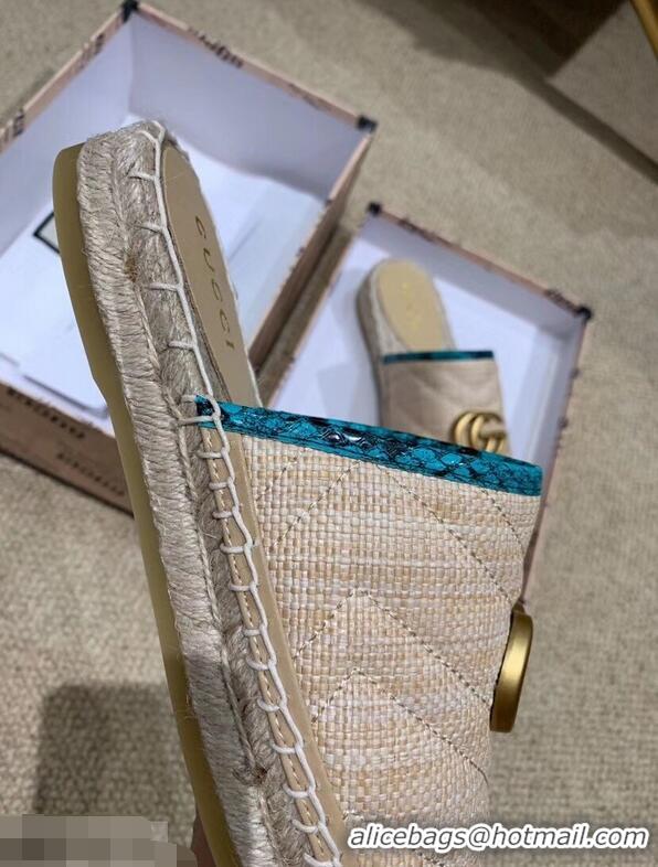 Buy Gucci Chevron Raffia Espadrilles Slippers With Double G 952007 Nude/Turquoise ​2019