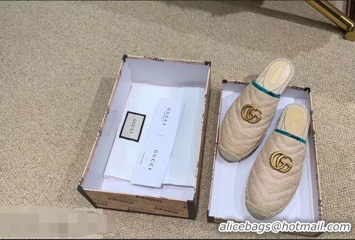 Buy Gucci Chevron Raffia Espadrilles Slippers With Double G 952007 Nude/Turquoise ​2019