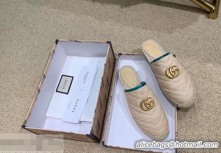 Buy Gucci Chevron Raffia Espadrilles Slippers With Double G 952007 Nude/Turquoise ​2019