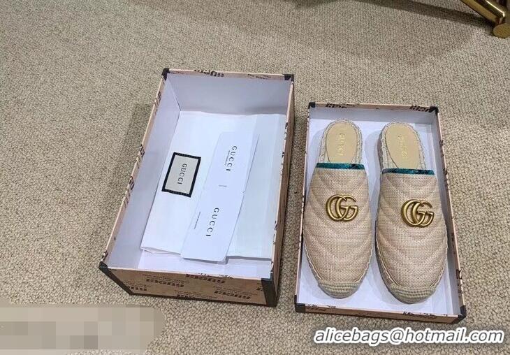 Buy Gucci Chevron Raffia Espadrilles Slippers With Double G 952007 Nude/Turquoise ​2019