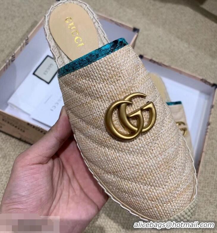 Buy Gucci Chevron Raffia Espadrilles Slippers With Double G 952007 Nude/Turquoise ​2019