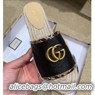 Grade Product Gucci Chevron Raffia Espadrilles Slides Sandals With Double G 578554 Black 2019