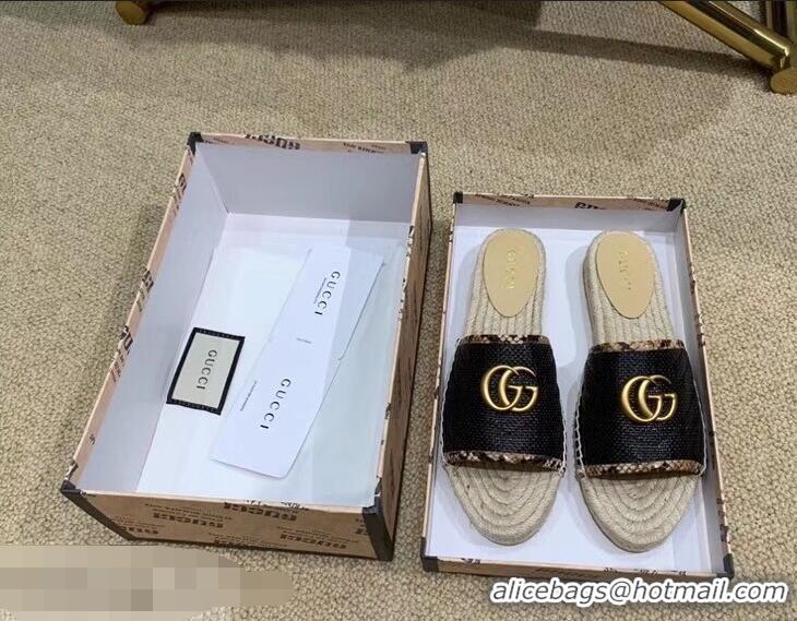 Grade Product Gucci Chevron Raffia Espadrilles Slides Sandals With Double G 578554 Black 2019