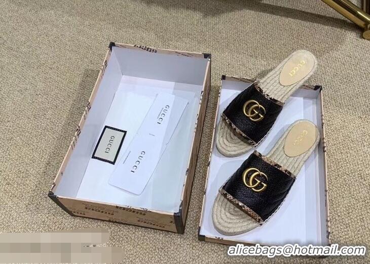 Grade Product Gucci Chevron Raffia Espadrilles Slides Sandals With Double G 578554 Black 2019