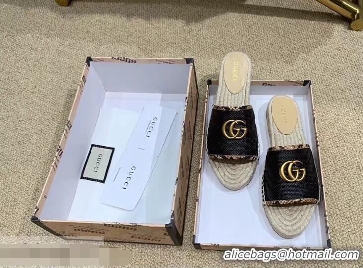 Grade Product Gucci Chevron Raffia Espadrilles Slides Sandals With Double G 578554 Black 2019