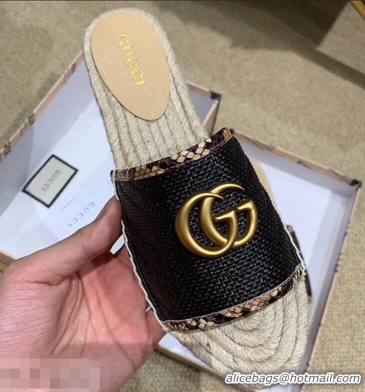 Grade Product Gucci Chevron Raffia Espadrilles Slides Sandals With Double G 578554 Black 2019