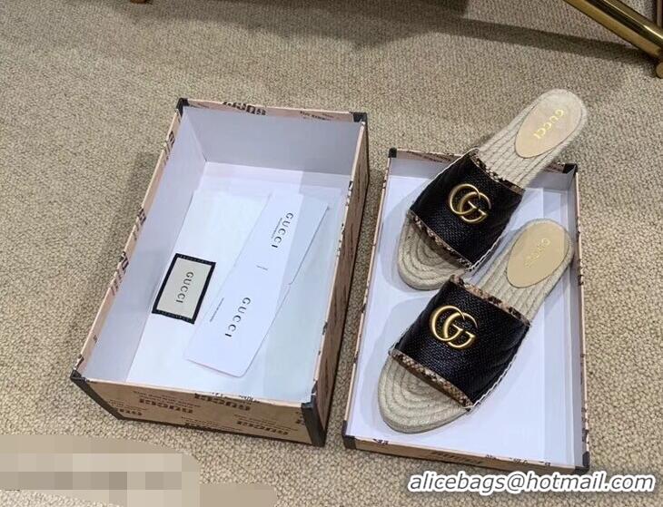 Grade Product Gucci Chevron Raffia Espadrilles Slides Sandals With Double G 578554 Black 2019