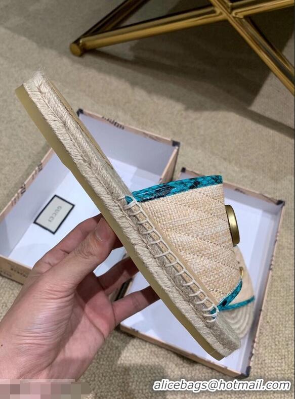 Chic Gucci Chevron Raffia Espadrilles Slides Sandals With Double G 578554 Nude/Turquoise 2019