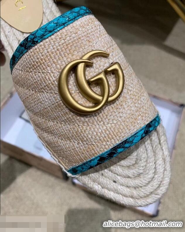 Chic Gucci Chevron Raffia Espadrilles Slides Sandals With Double G 578554 Nude/Turquoise 2019