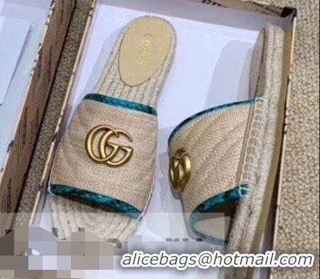 Chic Gucci Chevron Raffia Espadrilles Slides Sandals With Double G 578554 Nude/Turquoise 2019