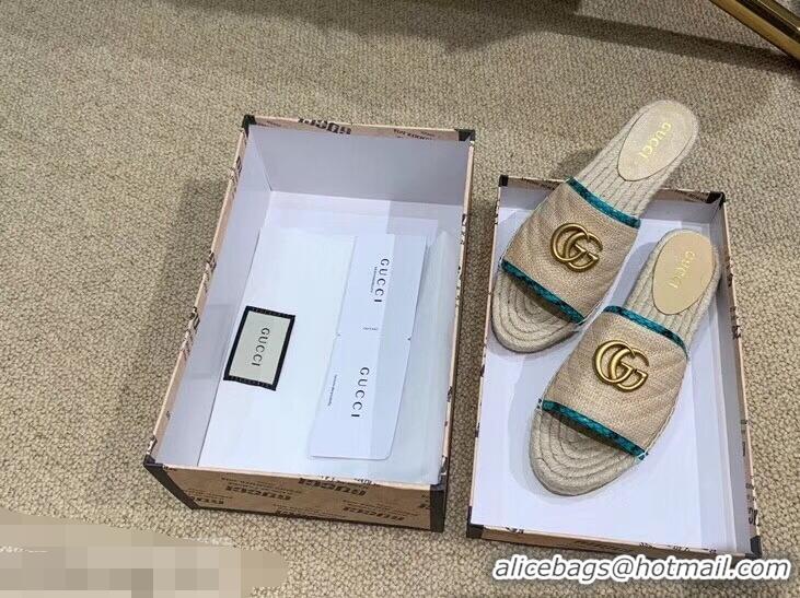 Chic Gucci Chevron Raffia Espadrilles Slides Sandals With Double G 578554 Nude/Turquoise 2019