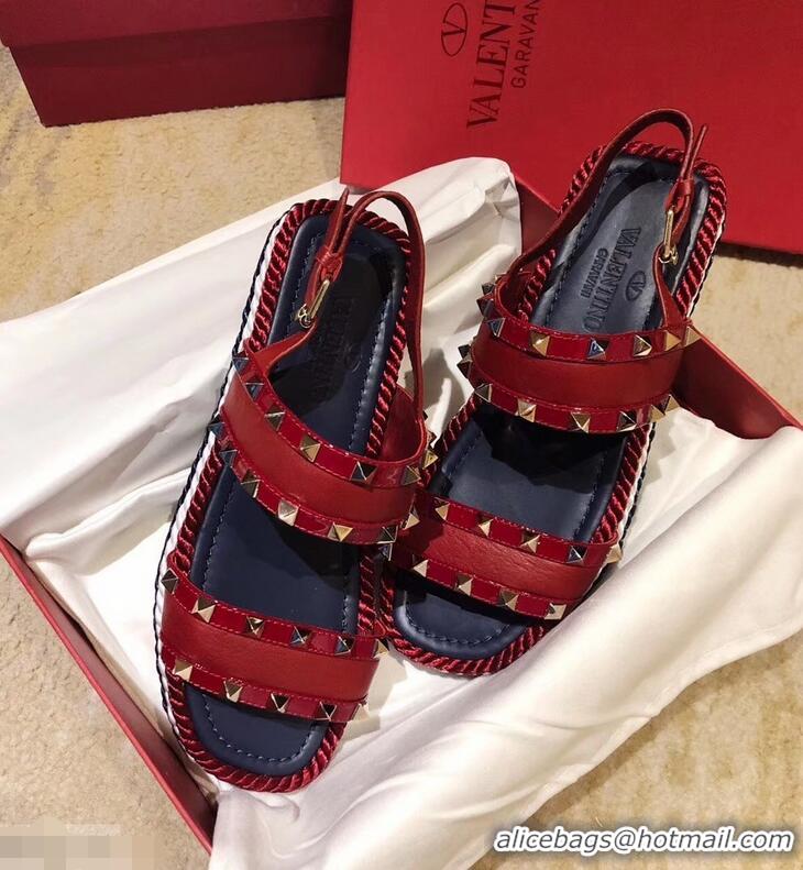 Top Design VALENTINO ROCKSTUD FLAT MACRO STUD SANDALS VA8404 RED SUMMER 2019