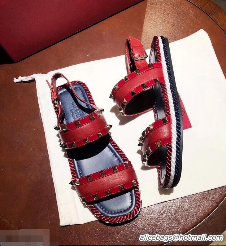 Top Design VALENTINO ROCKSTUD FLAT MACRO STUD SANDALS VA8404 RED SUMMER 2019