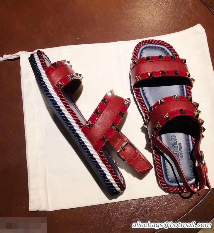 Top Design VALENTINO ROCKSTUD FLAT MACRO STUD SANDALS VA8404 RED SUMMER 2019