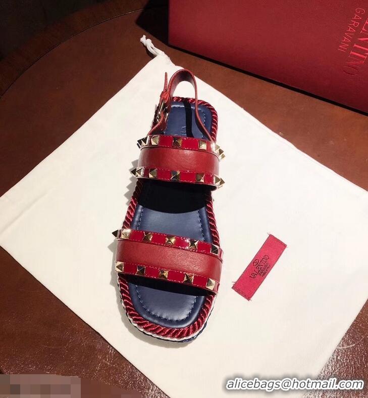 Top Design VALENTINO ROCKSTUD FLAT MACRO STUD SANDALS VA8404 RED SUMMER 2019