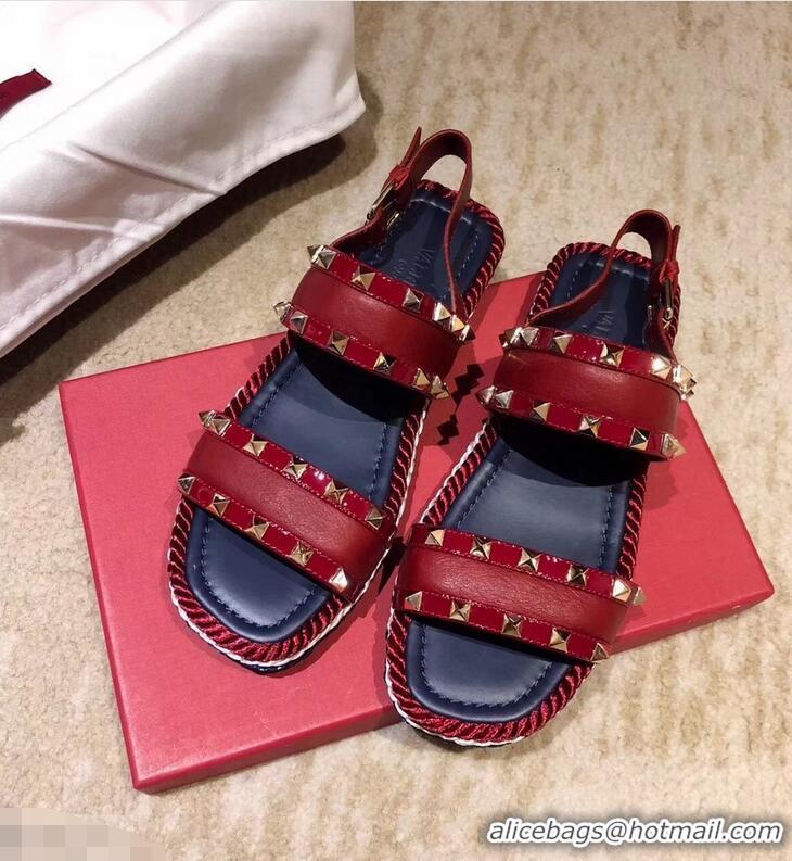 Top Design VALENTINO ROCKSTUD FLAT MACRO STUD SANDALS VA8404 RED SUMMER 2019