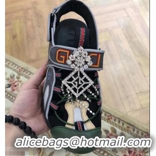 Spot Bulk Gucci Leather and Mesh Reflective Fabric Sandals Crystal 95726 Black 2019